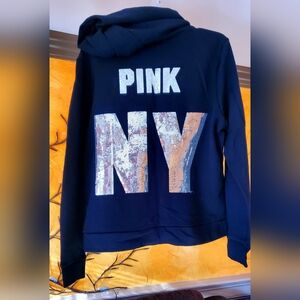 NWT PINK Victoria Secret NY Sequin Black Hoodie size large
